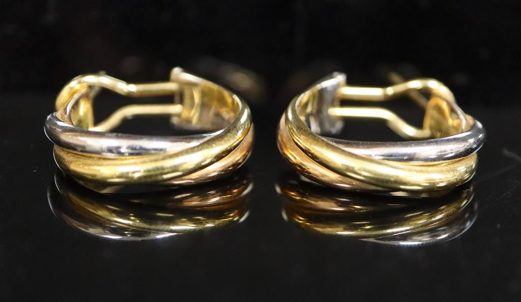 A pair of modern Cartier 18ct three colour gold hoop earrings, signed and numbered 775302, in Cartier box.